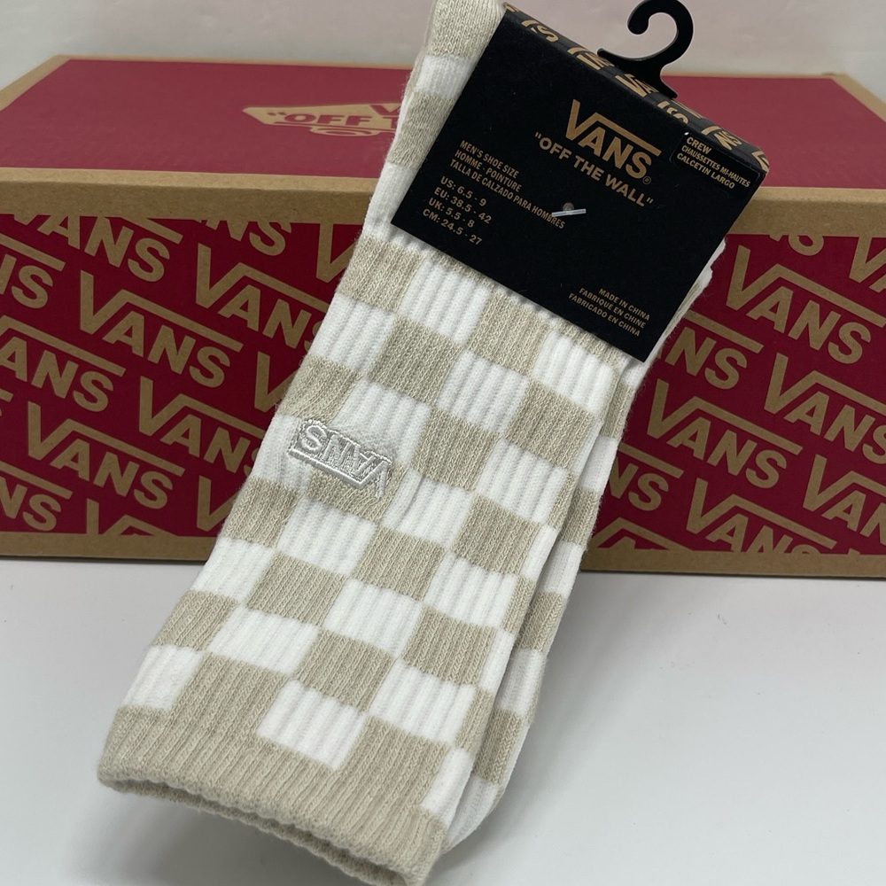 Vans Men's Checkered Socks - White and Tan Vans Checkerboard Crew Socks (1 pair)